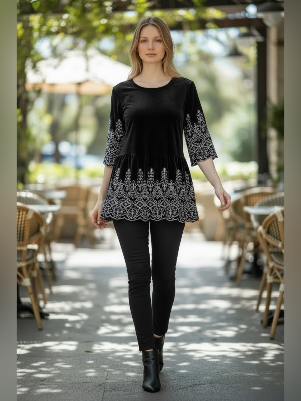 Savanna Jane Black Velvet Blouse with Silvery Gray Embroidery, S